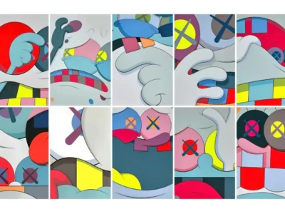 A full installation view of KAWS’s Blame Game (2014/2015) portfolio, presenting all ten screenprints arranged in a clean grid formation against a white backdrop. Each panel features tightly cropped cartoon-inspired fragments rendered in KAWS’s signature visual language—bold contour lines, saturated reds, blues, yellows, and pinks, alongside the artist’s iconic “X”-ed-out eyes. The fragmented compositions isolate hands, faces, mouths, and abstracted gestures, transforming playful pop imagery into emotionally charged contemporary abstraction. Viewed together, the portfolio creates a rhythmic modular composition that balances graphic precision, emotional ambiguity, and Pop Art-inspired repetition