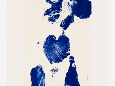 Vertical lithograph titled Helena by Yves Klein, 2004. A dynamic International Klein Blue (IKB) body imprint on white paper, showing abstract traces of a female figure: rounded shoulder and head forms at the top, a swirling central torso, and two vertical leg-like shapes below. The organic, textured blue marks created by pressing a painted body against the surface create a graceful, floating silhouette against a pristine white background, characteristic of Klein’s Anthropométries series