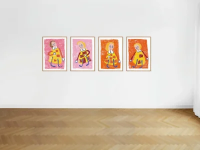 Minimal contemporary gallery interior featuring André Butzer’s Untitled I–IV screen prints installed in a clean linear arrangement across a white wall. The four framed works radiate vivid pink, orange, and yellow tones, depicting Butzer’s iconic Woman figure through childlike expressionist forms and bold contouring. Natural light enters from tall windows at the right side of the room, illuminating the pale herringbone wood flooring and emphasizing the contrast between the stark architectural space and the emotionally charged warmth of the artworks