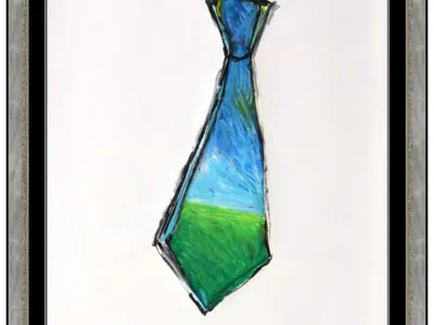 A minimalist necktie artwork sits centered within a thick black-and-silver gallery frame, transforming an everyday menswear accessory into an abstract expressionist composition. Rendered in layered strokes of deep blue, turquoise, and vivid green against a stark white backdrop, the elongated tie silhouette feels both painterly and sculptural, with rough black outlines adding movement and emotional texture. The piece carries the atmosphere of contemporary fashion illustration blended with modern gallery abstraction, turning corporate symbolism into something expressive, play and quietly surrea