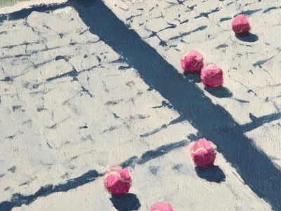 A minimalist painting of scattered pink tennis balls resting across a sunlit court surface, with long blue-grey shadows stretching diagonally beneath a net post. Thick textured brushstrokes and muted pastel tones create a quiet, contemplative atmosphere that captures the stillness and geometry of an empty tennis court in afternoon light