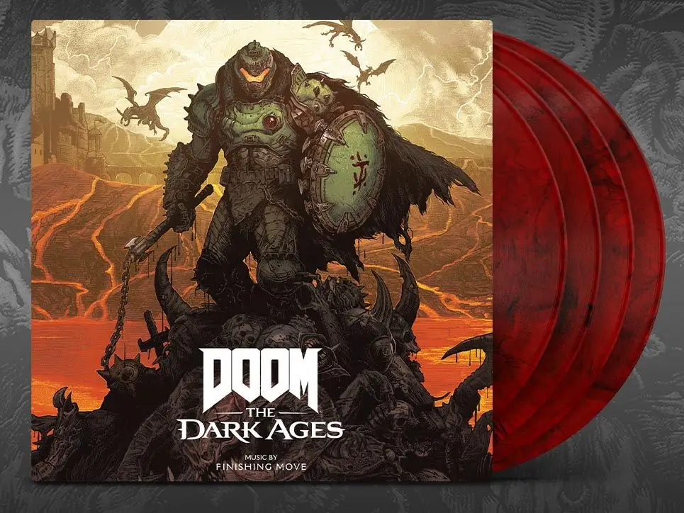 Product mockup of a special-edition vinyl release featuring dark fantasy artwork inspired by a hellish battlefield. The cover shows an armored warrior standing atop a pile of defeated creatures, holding a chained weapon and a large weathered shield marked with a red symbol. Behind the figure, molten lava rivers cut through a ruined landscape while winged monsters circle overhead. Three translucent marbled red vinyl records extend from the sleeve, reinforcing the fiery, infernal color palette. The title logo appears prominently at the bottom of the cover art