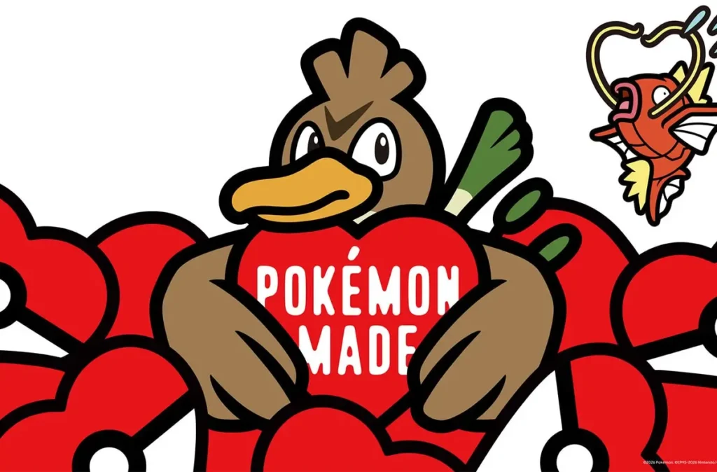 “Pokémon Mates” illustration featuring Farfetch’d holding a red heart-shaped sign surrounded by Poké Balls, while a floating Magikarp appears in the corner against a minimalist white background