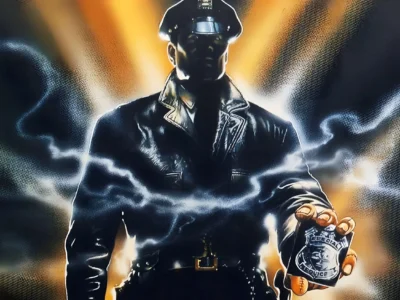 Illustrated horror poster showing a shadowed police officer standing front and center in a black leather uniform and peaked cap, illuminated by intense backlighting. White electric streaks cut across the frame while the figure extends a police badge toward the viewer, creating a supernatural and threatening atmosphere reminiscent of late-1980s cult horror cinema