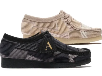 Aleali May x Clarks shoe Originals Wallabee Patchwork Pack in black and beige corduroy colorways featuring layered textile panels, moccasin stitching, and signature crepe soles