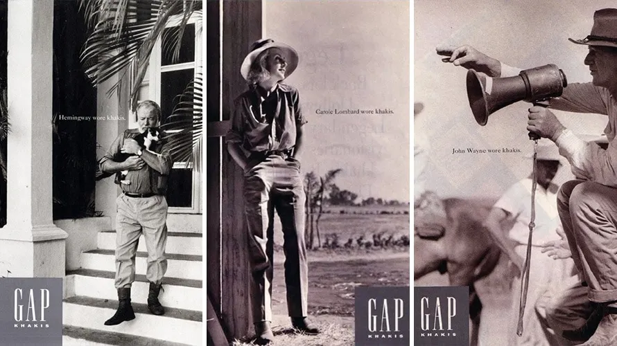 A vintage-style collage from Gap Inc.’s iconic “Who Wore Khakis” campaign featuring archival-inspired portraits of cultural figures styled in classic Gap khakis. The sepia-toned imagery channels understated American casualwear through cinematic photography, relaxed tailoring, and minimalist branding, reinforcing the campaign’s lasting influence on 1990s fashion advertising and Gap’s identity as a symbol of approachable, timeless style