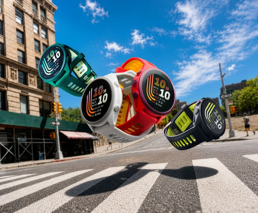 our color Garmin Forerunner smartwatches in green, white, red, and black float above a city crosswalk under a bright blue sky, showcasing vibrant AMOLED displays, sporty perforated straps, and bold fitness-focused styling in an energetic urban running scene