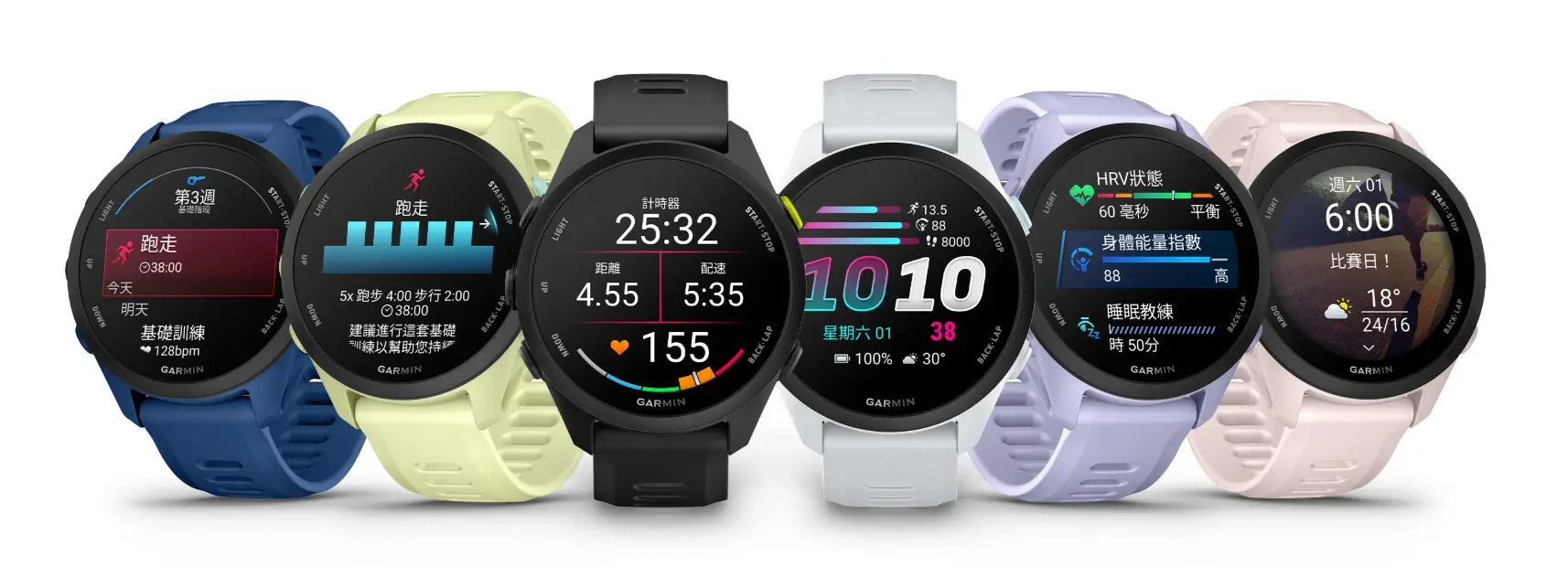 Lineup of six Garmin Forerunner smartwatches in blue, lime green, black, silver, lavender, and blush pink, each displaying different fitness, recovery, sleep, and workout tracking interfaces on bright AMOLED screens against a clean light gray background