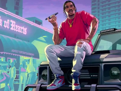 Illustrated Grand Theft Auto VI artwork showing a man seated on the hood of a black SUV outside a neon-lit nightlife venue in Vice City, wearing a red T-shirt, distressed jeans, jewelry, and red-and-blue high-top shoe