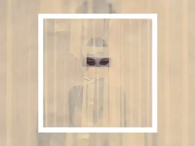 Album artwork featuring a softly obscured portrait hidden behind layered translucent beige textures and vertical streaks, with only a pair of dark, heavily shadowed eyes clearly visible at the center. Framed within a white border, the composition creates a dreamlike, mysterious atmosphere that aligns with moody late-night R&B aesthetics