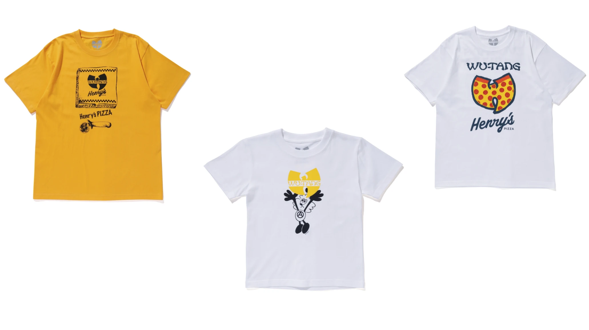 Product lineup image featuring three graphic T-shirts from the VERDY x Wu-Tang Clan x Henry’s Pizza collaboration displayed against a light gray background. On the left, a bright yellow tee features hand-drawn Henry’s Pizza branding with a framed Wu-Tang logo and playful illustration details. In the center, a white T-shirt showcases VERDY’s signature character rendered in a minimalist black-and-white style while holding or interacting with the iconic yellow Wu-Tang emblem. On the right, another white tee reimagines the Wu-Tang “W” logo as a pepperoni pizza graphic paired with script-style Henry’s Pizza branding. The collection combines hip-hop iconography, Japanese streetwear illustration, and food-inspired view storytelling