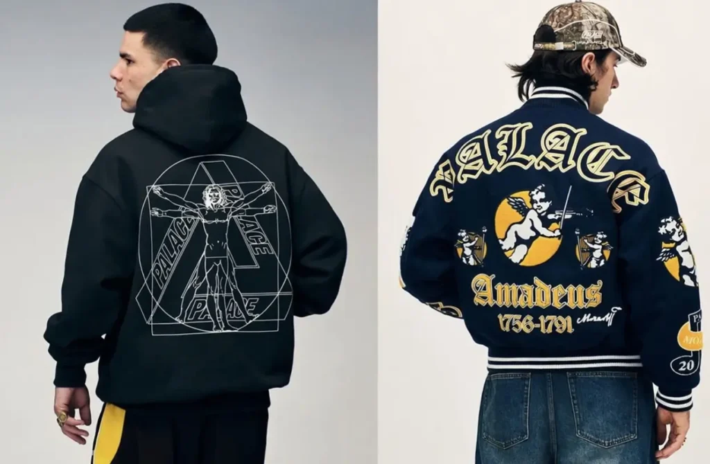 Split editorial lookbook image from Palace Summer 2026 showcasing two back-facing statement pieces: on the left, a black oversized hoodie featuring a large Vitruvian Man-inspired Palace graphic layered with geometric Tri-Ferg outlines; on the right, a navy “Amadeus” varsity jacket covered in ornate collegiate embroidery, cherub artwork, gothic lettering, and classical Mozart references, styled with denim and a Realtree camouflage cap