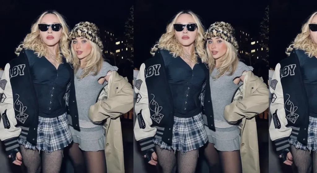 Madonna & Sabrina Carpenter — iconic duo serving effortless cool in a sleek triptych. Varsity jacket, plaid skirt, leopard print, and night vibes capture their magnetic chemistry and generational pop power. Pure style