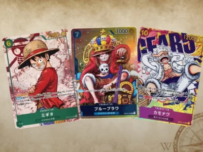 Three colorful One Piece Trading Card Game character cards displayed side-by-side on a parchment-style background, featuring different versions of Monkey D. Luffy in distinct art styles and forms. The cards showcase vibrant manga-inspired illustrations, foil detailing, Japanese text, and varying power levels, highlighting the collectible appeal and evolving visual identity of Luffy across the One Piece TCG universe