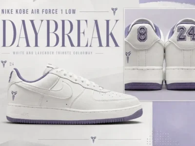 Promotional graphic for the Nike Kobe Air Force 1 Low “Daybreak” featuring a clean white leather sneaker with soft lavender accents and tribute details inspired by Kobe Bryant. The layout includes side and heel views highlighting the embroidered “8” and “24” heel numbers, with minimalist typography and Mamba branding reinforcing the commemorative design