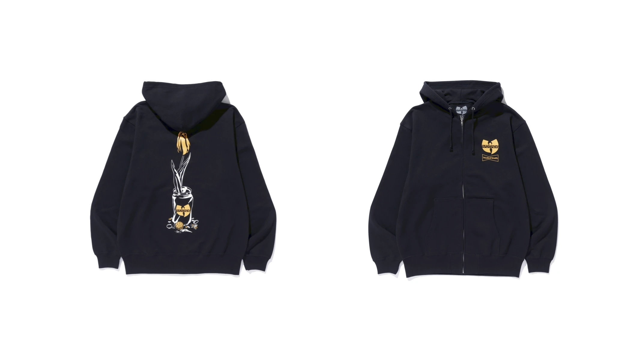 Front and back product views of a black zip-up hoodie from the VERDY x Wu-Tang Clan x Wasted Youth collaboration displayed against a light gray background. The front features a small chest graphic combining the iconic yellow Wu-Tang logo with Wasted Youth branding on a minimal black silhouette. The back showcases a larger illustrated composition of a wilted yellow flower emerging from a branded container featuring Wu-Tang-inspired graphics, rendered in VERDY’s signature hand-drawn style. Ribbed cuffs, oversized proportions, and understated detailing give the hoodie a clean streetwear look while blending punk attitude, hip-hop symbolism, and graphic storytelling