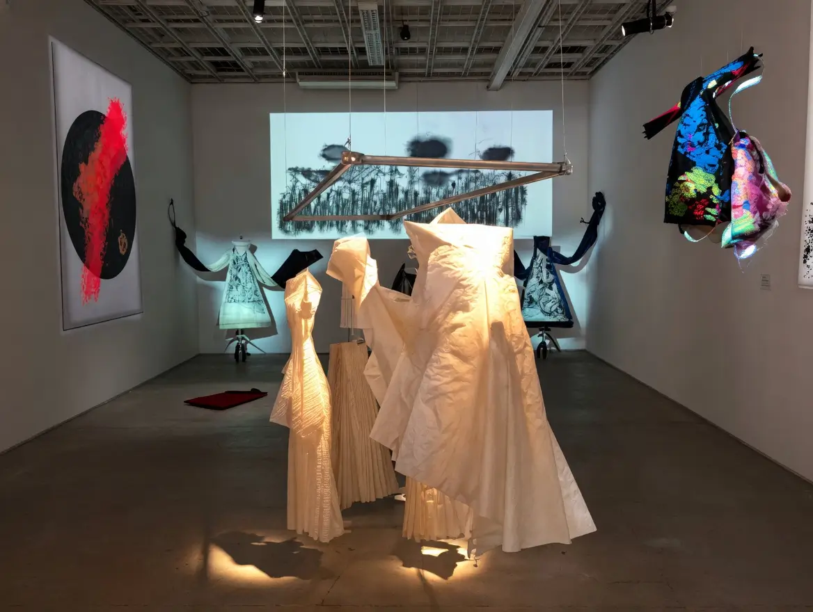 Installation view inside the (UN)KNOWN HIROKO KOSHINO exhibition featuring an immersive multidisciplinary gallery environment with sculptural white garment forms illuminated at the center, suspended textile works, abstract wall art, projected visuals, and experimental fashion objects that blur the boundaries between clothing, installation, and contemporary art