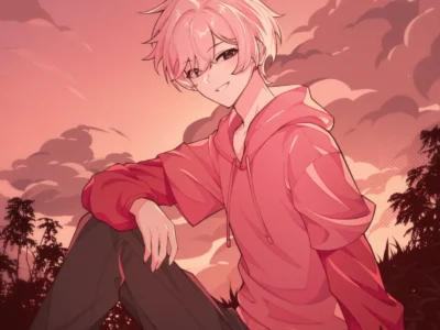 Anime-style illustration of a pink-haired character wearing a pink hoodie, sitting outdoors beneath a warm sunset sky with dramatic clouds and silhouetted trees, creating a calm and dreamy atmosphere