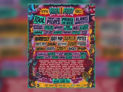 Riot Fest 2026 lineup poster featuring headliners Tool, Alanis Morissette, Morrissey, Twenty One Pilots, Pierce the Veil, Iggy Pop, Patti Smith, Nas, Pixies, and dozens of punk, alternative, metal, and indie artists scheduled to perform at Douglass Park in Chicago from September 18–20, 2026