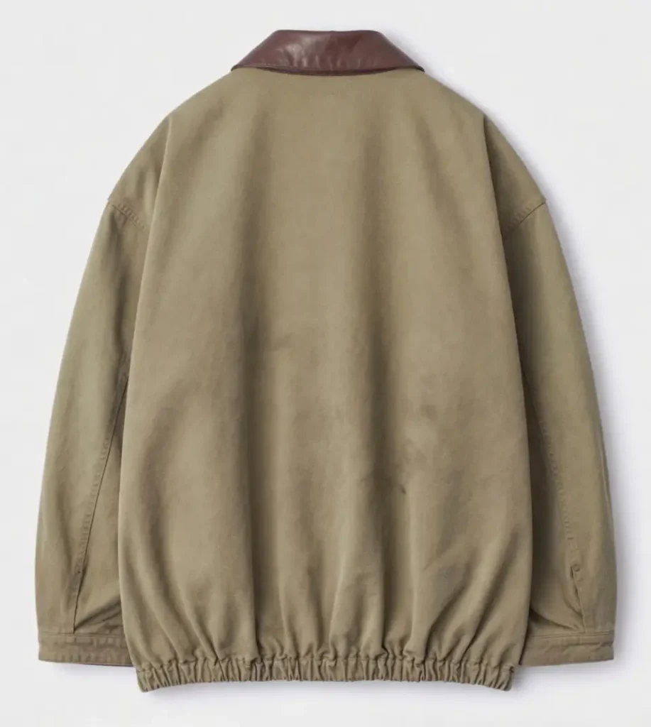 Back view of the SSSTEIN Khaki Beige vintage jacket with burgundy leather collar and oversized fit