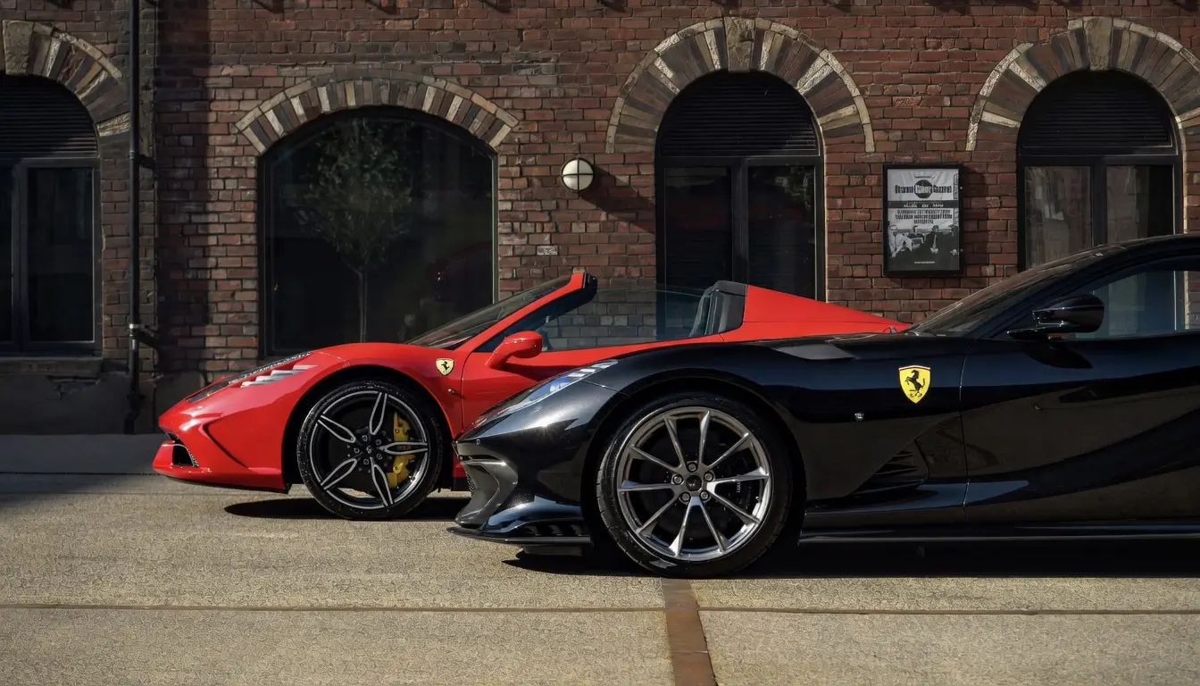 Side view of two Ferrari sports cars parked parallel on a street—a red convertible with its top down and a black coupe—showing sculpted body lines, alloy wheels, and prancing horse badges against a brick building with arched windows