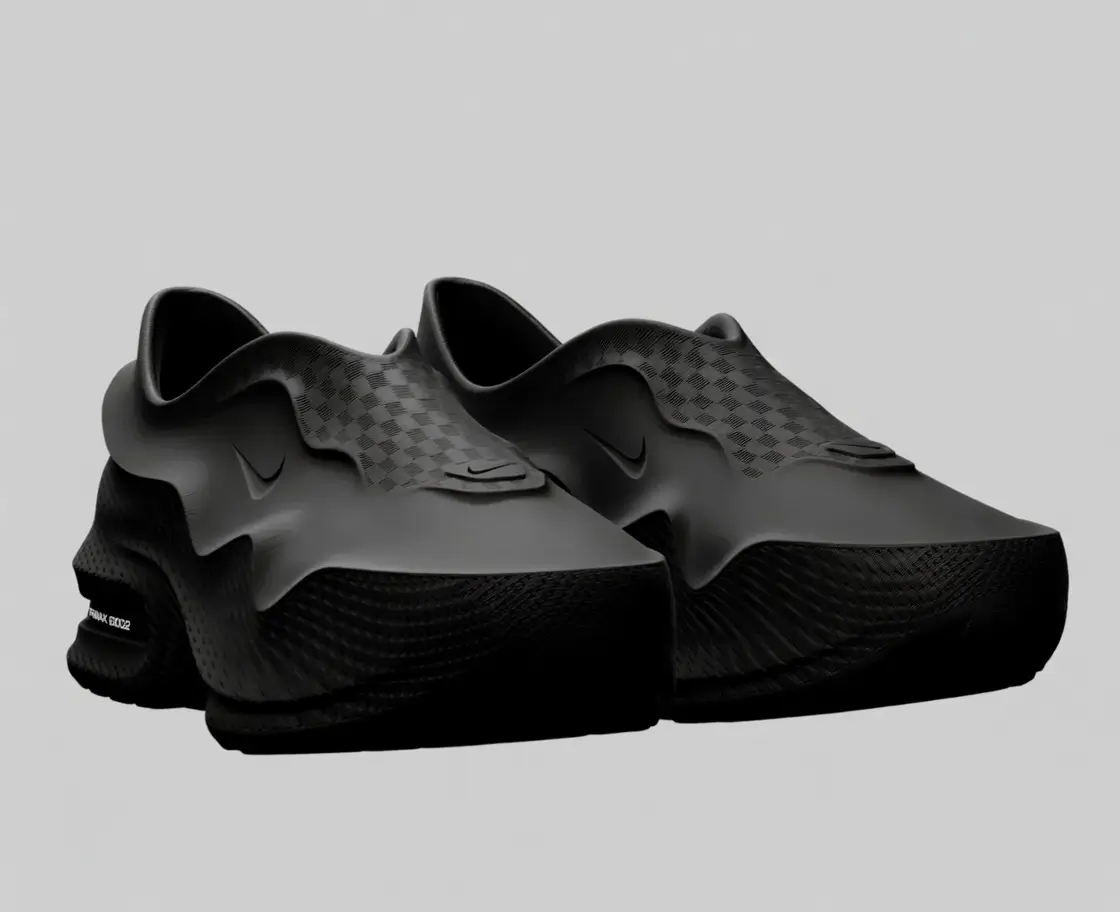Pair of all-black Nike Air Max 1000.2 futuristic slip-on shoe with sculpted 3D-printed design and visible Air cushioning against a light gray studio background