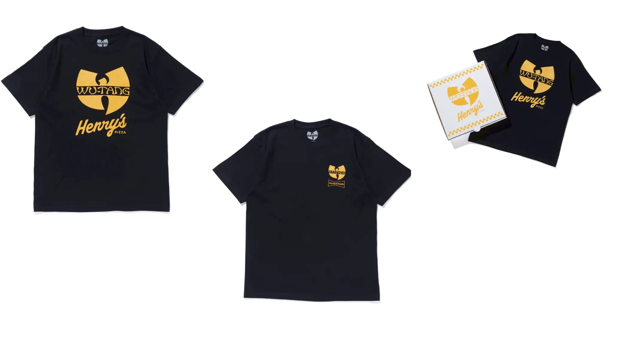 Product showcase image featuring black graphic T-shirts from the VERDY x Wu-Tang Clan x Henry’s Pizza collaboration displayed against a light gray background. The shirt on the left features an oversized golden-yellow Wu-Tang logo paired with handwritten-style Henry’s Pizza branding across the front, creating a bold, retro-inspired streetwear look. The center shirt presents a more minimal design with a smaller chest graphic combining Wu-Tang and Wasted Youth-style detailing. On the right, the collection is shown with custom pizza-box packaging printed with matching collaborative branding, reinforcing the project’s fusion of hip-hop heritage, Japanese graphic design, and New York pizzeria culture
