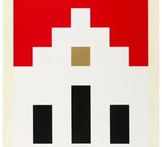 Invader’s Marlboro (2014) screenprint featuring a pixelated red-and-white Marlboro cigarette pack rendered in chunky 8-bit geometric blocks with black vertical accents and minimalist arcade-inspired styling