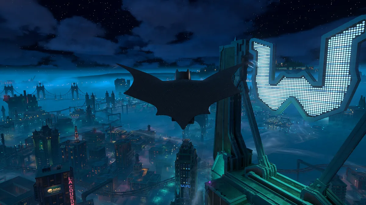 LEGO Batman glides across a fog-covered Gotham City skyline at night, passing towering neon-lit buildings and glowing corporate signs above the sprawling cityscape