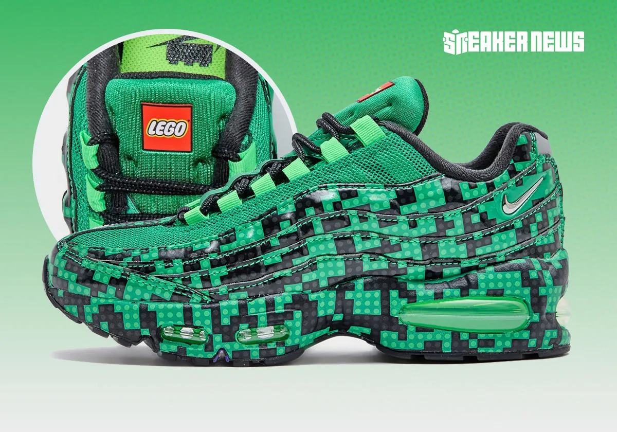 Composite promotional image of the LEGO x Nike Air Max 95 “Lucky Green” shoe featuring a lateral side profile in vivid green and black with LEGO brick-inspired graphics across the layered upper and midsole. The shoe includes black rope laces, a metallic mini Swoosh, translucent green Air cushioning, and a bright green mesh base. A circular inset highlights the tongue with a red LEGO logo patch, while a green gradient background and Sneaker News branding complete the editorial presentation