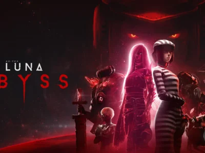 Official key art for Luna Abyss featuring a dark cosmic sci-fi scene rendered in deep reds, black, and neon magenta. Multiple mysterious figures stand across a crimson planetary surface, led by two central characters illuminated with glowing pink light—one in futuristic armor and another wearing a striped outfit and cap. Behind them looms an enormous shadowy mechanical face with glowing red eyes, while biomechanical enemies, weapons, and surreal machinery emerge from the background. The LUNA ABYSS title appears on the left in minimalist white and red typography, reinforcing the game’s ominous, atmospheric tone