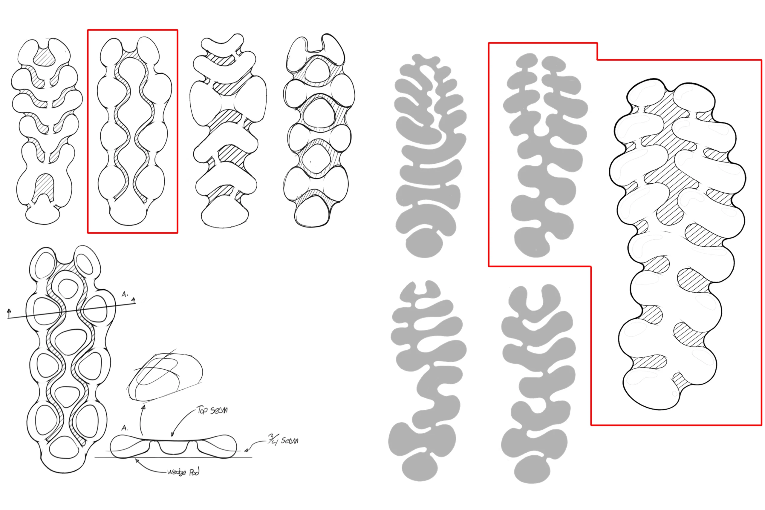 Design development sketches and pressure-mapped concept studies for Nike’s Air Liquid Max cushioning system, revealing the evolution of the clover-inspired Air chamber geometry and the layered engineering approach behind the silhouette’s fluid underfoot transition