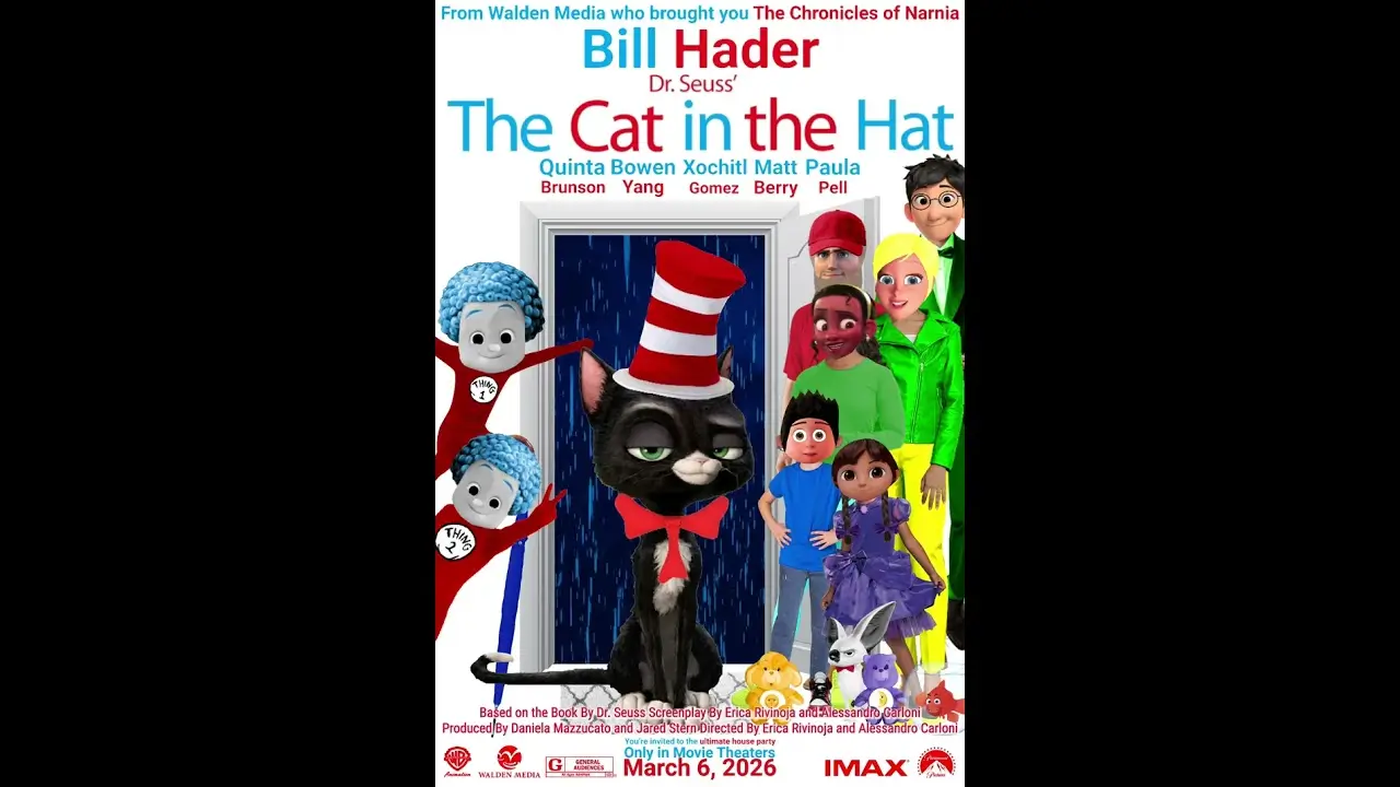 Fan-made concept poster for The Cat in the Hat featuring an animated black cat wearing the iconic red-and-white striped hat and red bow tie, standing in a doorway during a rainy day. Thing One and Thing Two appear alongside a colorful cast of children and supporting characters, with movie title and cast names displayed above