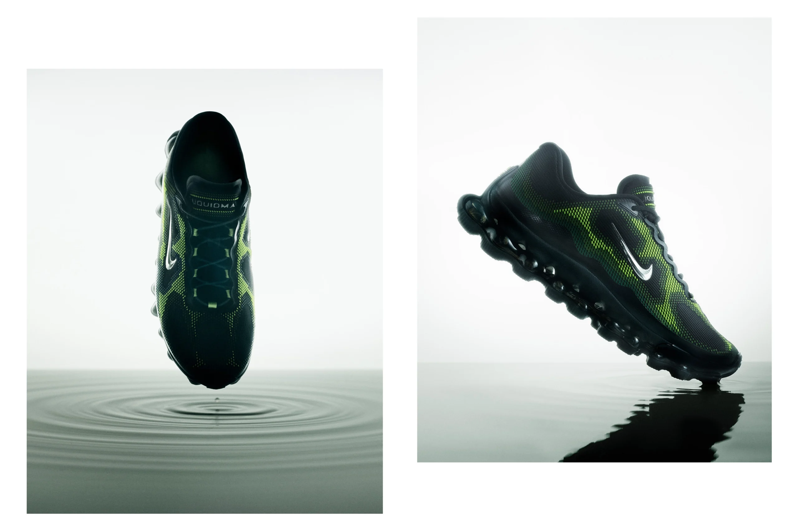 Dual studio view of the Nike Air Liquid Max suspended above reflective water ripples, emphasizing the silhouette’s fluid cushioning concept, streamlined mesh upper, and futuristic full-length Air unit inspired by smooth motion and weightless transition