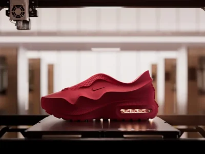 A monochromatic red Nike Air Max concept shoe displayed inside a high-tech 3D-printing environment, featuring sculptural wave-like contours, a visible Air unit, and futuristic seamless construction illuminated by warm industrial lighting