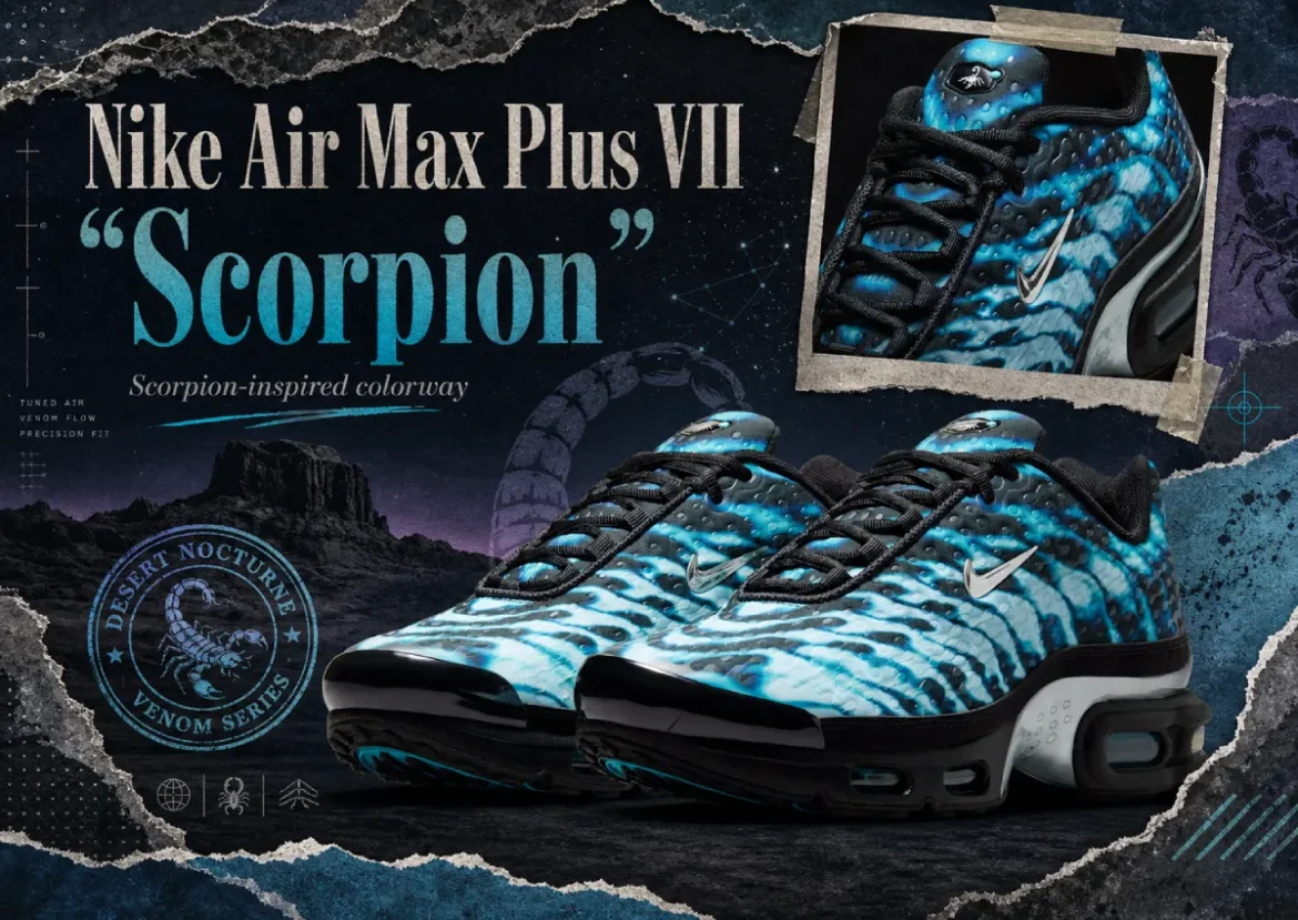 Promotional graphic for Nike Air Max Plus VII “Scorpion” featuring the shoe in black and electric blue with wave-patterned upper, set against a dark desert night backdrop with scorpion imagery, “Scorpion-inspired colorway” text, and TN Air design elements highlighting the Venom Series theme