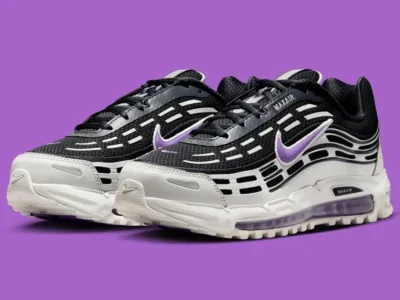 Angled pair shot of the Nike Air Max TL 2.5 “Bright Violet,” emphasizing its layered Y2K-inspired design, full-length Air cushioning, and contrasting black-and-white color blocking
