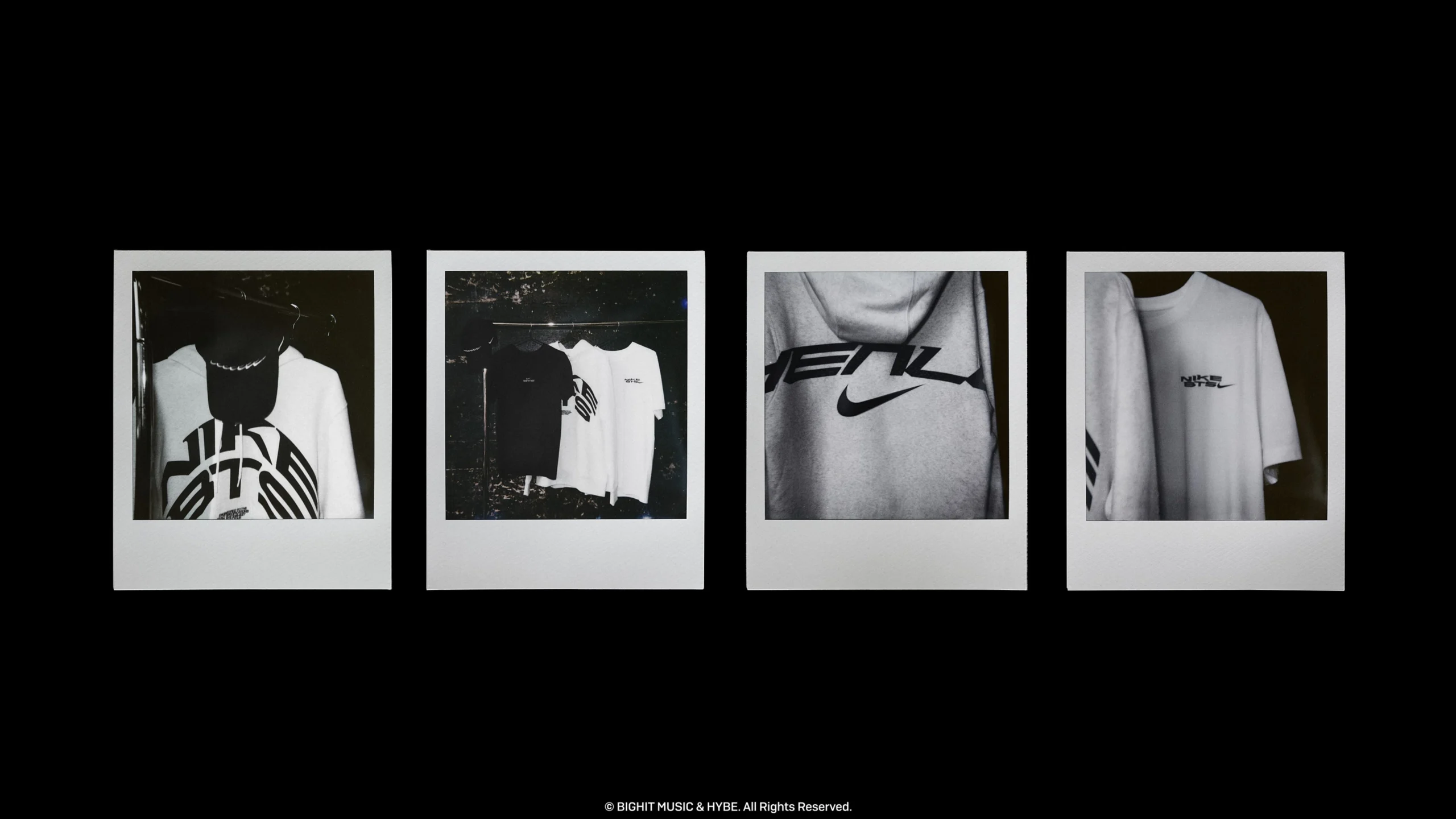 Nike x BTS ARIRANG merchandise collection featuring graphic hoodies, T-shirts, and a branded cap displayed in monochrome polaroid-style campaign photography