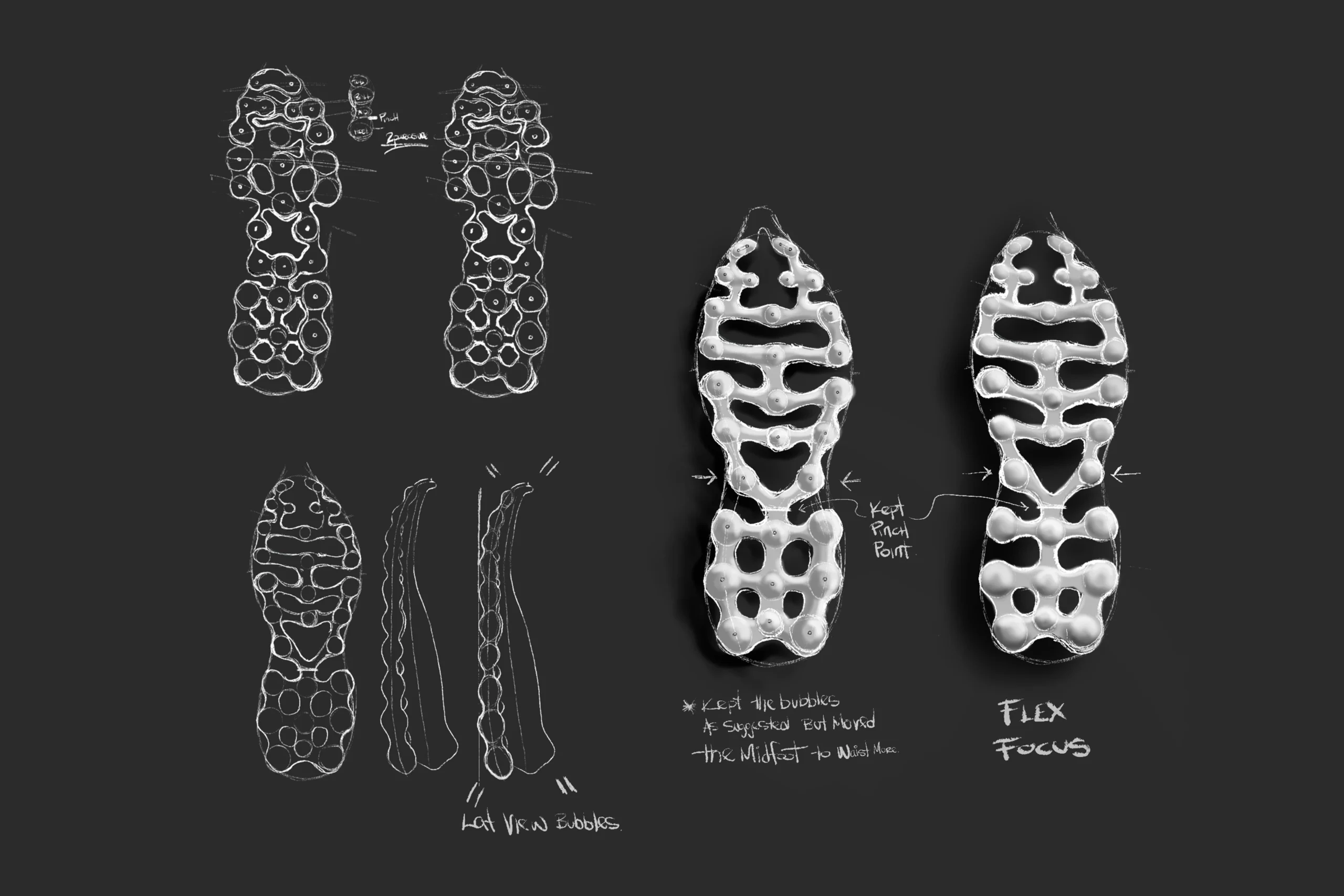 Concept sketch boards and outsole studies for Nike Air Liquid Max, illustrating the evolution of the segmented Air chamber layout, flex-point mapping, and bubble geometry that informed the silhouette’s lightweight, fluid underfoot experience