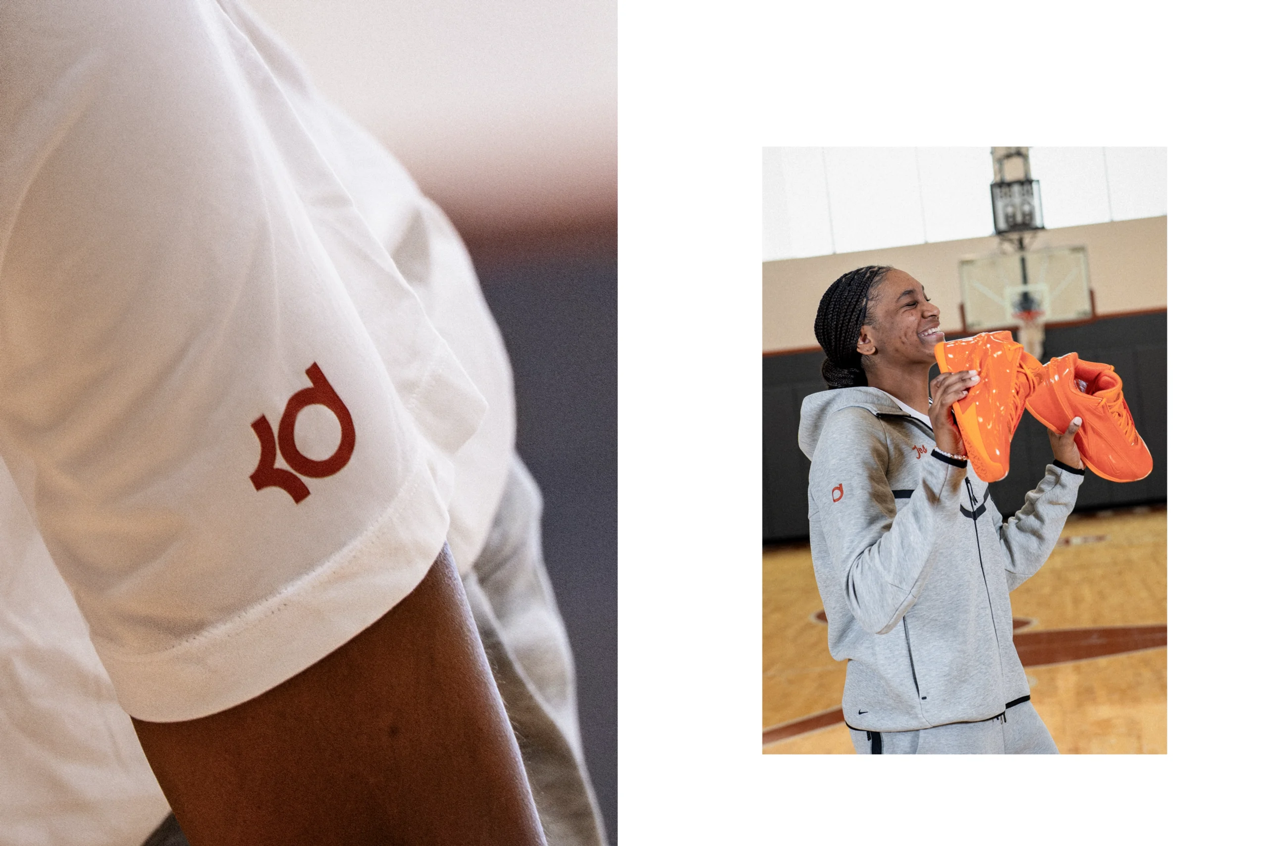 Madison Booker photographed inside Texas’ practice facility holding vibrant orange KD sneakers while wearing neutral Nike training gear, paired alongside a close-up detail shot of the KD logo embroidered on a white performance tee