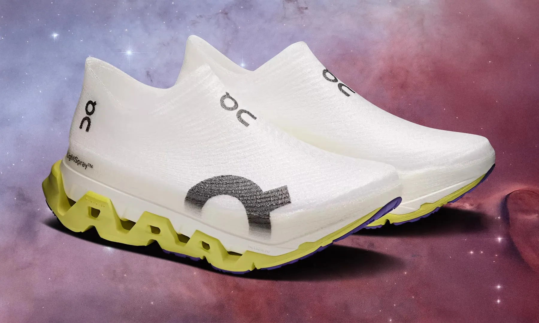 On LightSpray running shoes with seamless, laceless white uppers and sculpted yellow cushioned soles, presented against a stylized cosmic gradient background highlighting the futuristic design