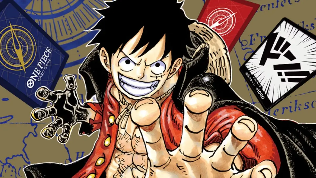 Dynamic promotional artwork for the One Piece Trading Card Game featuring Monkey D. Luffy reaching aggressively toward the viewer with an intense grin and exaggerated perspective. The illustration combines manga-style linework, floating DON!! and game cards, navigational map graphics, and bold red-and-black coloring that emphasize the fast-paced strategy and adventurous pirate energy of the One Piece TCG universe