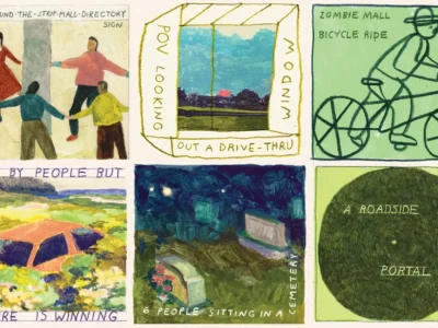 Hand-painted six-panel bingo-style illustration by Pat Perry depicting surreal suburban prompts and small acts of exploration. Scenes include people circling a strip mall directory sign, a sunset viewed through a drive-thru window, a sketch-like bicycle ride through a “zombie mall,” an abandoned car being reclaimed by nature, a nighttime cemetery gathering, and a circular “roadside portal.” The artwork transforms overlooked everyday settings into playful, dreamlike moments of observation and connection