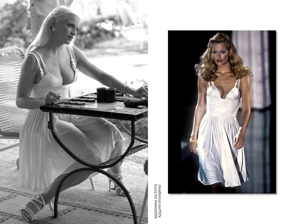 A side-by-side fashion collage compares two iconic white Versace dresses associated with Madonna and runway glamour. On the left, Madonna sits outdoors at a café table in a flowing white dress with delicate shoulder straps and a plunging neckline, photographed in soft black-and-white tones. On the right, a runway model walks in a similarly draped white Versace dress under dramatic lighting, highlighting the silhouette’s sensual tailoring, fluid movement, and timeless Mediterranean-inspired elegance