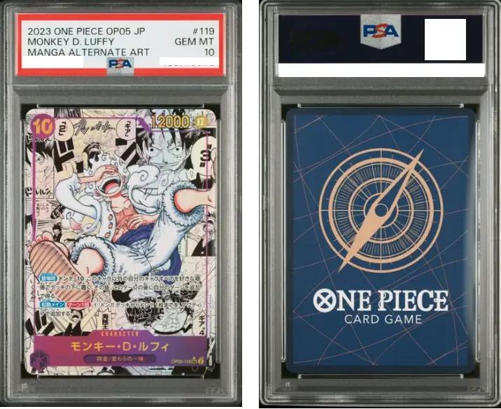 Front-and-back display of a PSA-graded One Piece Trading Card Game collectible featuring Monkey D. Luffy in his Gear 5 form on a manga alternate art card. Encased in a protective PSA slab with a Gem Mint 10 label, the card showcases black-and-white comic panel styling on the front, while the reverse displays the official One Piece Card Game compass-inspired card back design in deep blue and gold tones