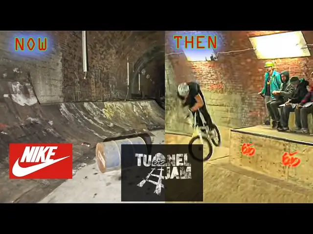A split-screen comparison captures the haunting evolution of Nike’s legendary 6.0 Tunnel Jam inside Hampshire’s abandoned Privett Tunnel, contrasting the decayed present-day skatepark with archival footage from its active BMX era. On the left, deteriorated ramps, graffiti-covered brick walls, and abandoned obstacles reveal the tunnel’s current state of ruin, while the right side shows a rider mid-trick during the original 2009 Nike 6.0 event, surrounded by spectators and illuminated by the tunnel’s industrial lighting. The juxtaposition highlights the fleeting legacy of one of BMX culture’s most ambitious underground builds