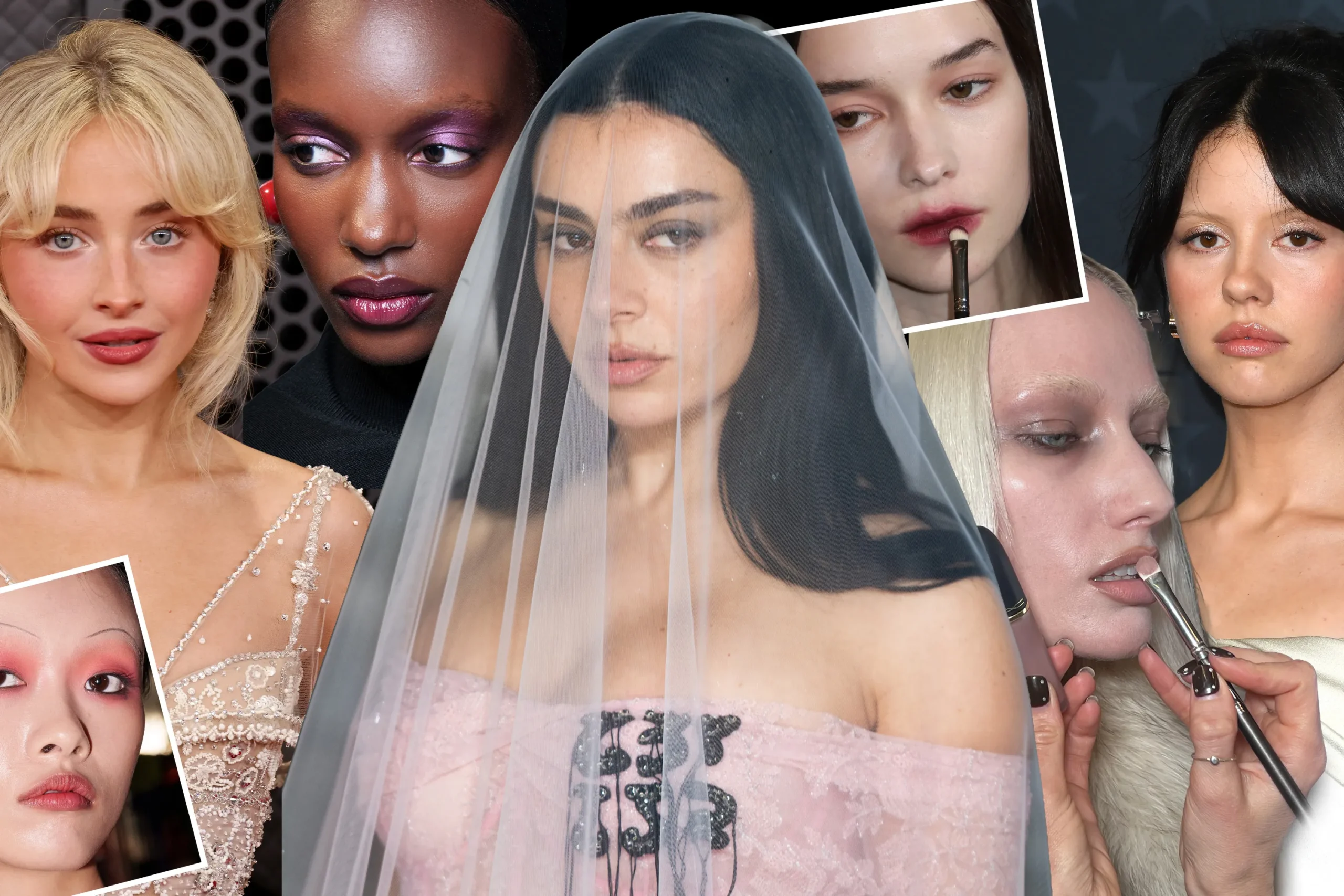 Beauty trend collage featuring multiple models showcasing Spring 2026 makeup looks, from soft blush and glossy lips to pastel eyeshadow and minimalist complexions. Centered by a veiled runway model in a pale pink gown, the image highlights the season’s mix of romantic bridal beauty, natural skin, bold color accents, and contemporary editorial makeup artistry