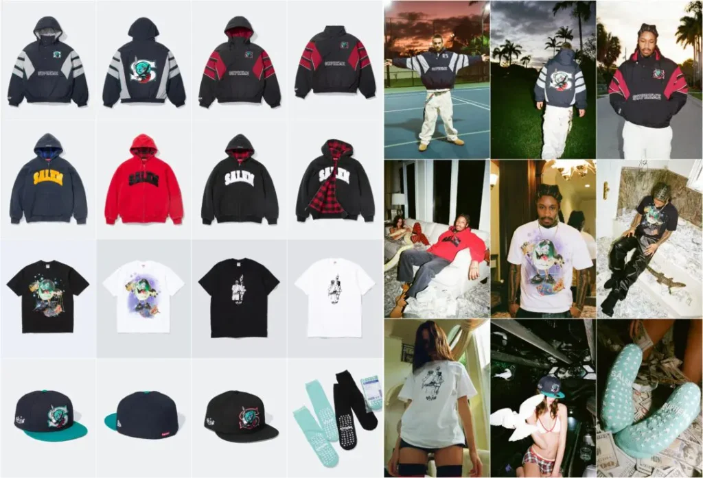 A collage-style overview of the Supreme x SALEM Spring/Summer 2026 capsule, showcasing hoodies, graphic tees, fitted caps, and Hospital Socks alongside moody campaign imagery. The collection mixes oversized silhouettes, dark color palettes, plaid linings, and distorted graphics with SALEM-inspired visuals, blending underground music aesthetics with Supreme’s streetwear identity through a cinematic, atmospheric presentation