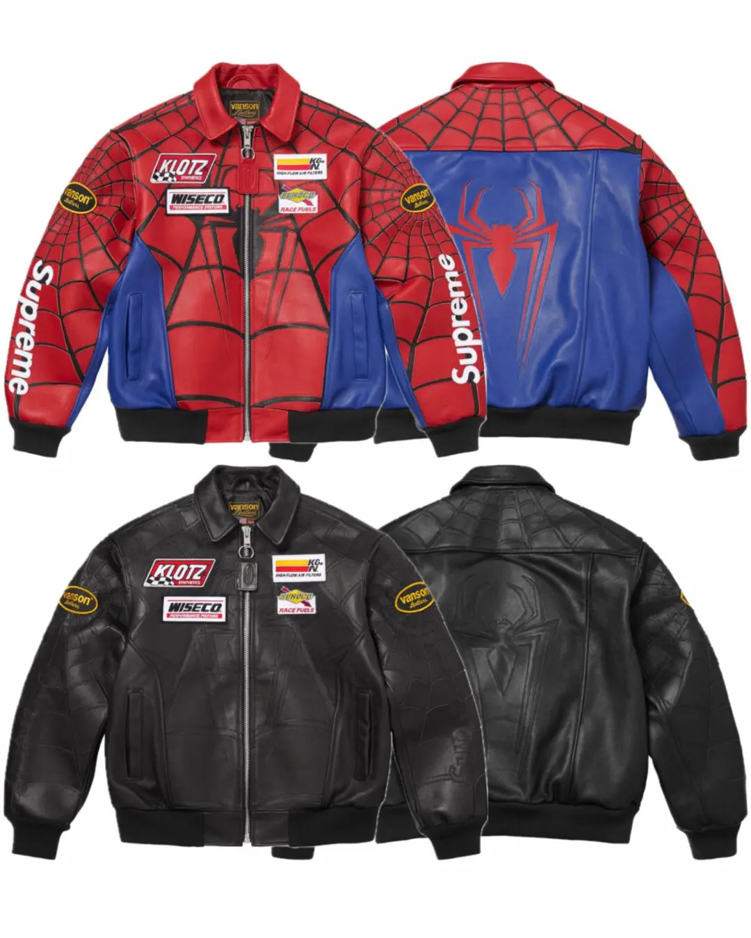Front and back views of the Supreme x Vanson Leathers x Spider-Man leather jacket in red-blue and all-black colorways featuring web graphics, sponsor patches, embossed spider logos, and Supreme sleeve branding