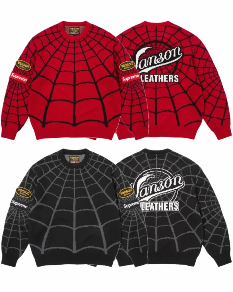 Front and back views of the Supreme x Vanson Leathers spider-web sweater in red and black featuring oversized web knit graphics, sleeve patches, and large Vanson branding across the back